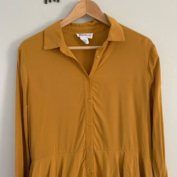 For the Republic mustard yellow button down high-low long sleeve longline blouse - Picture 2 of 8